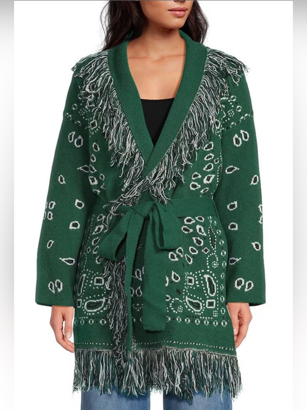 Sugarlips Bandana Fringe Shawl Collar Belted Open Front Cardigan Green XS